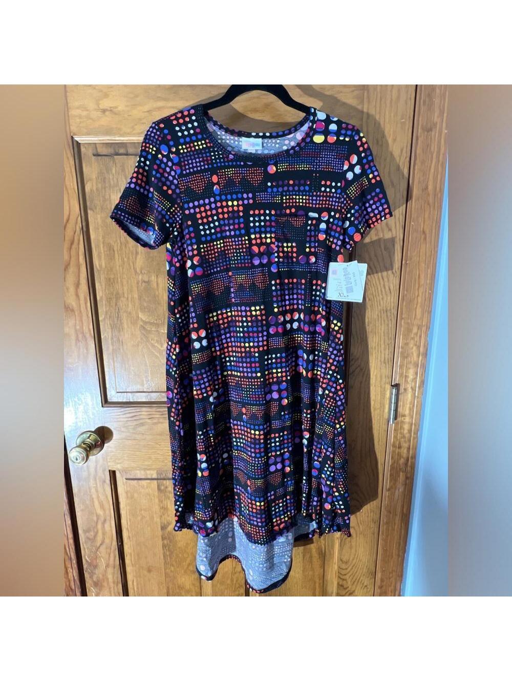 LuLaRoe Carly Dress Swing High Low Pocket Polka Dots T Shirt Flowy Black XXS NWT